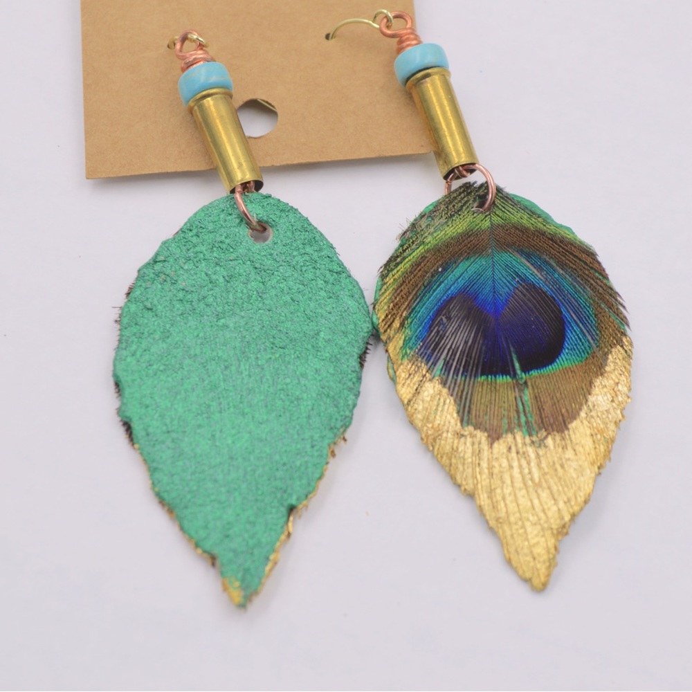 Hand Made Peacock Feather and Leather Earrings - Picture 4 of 6